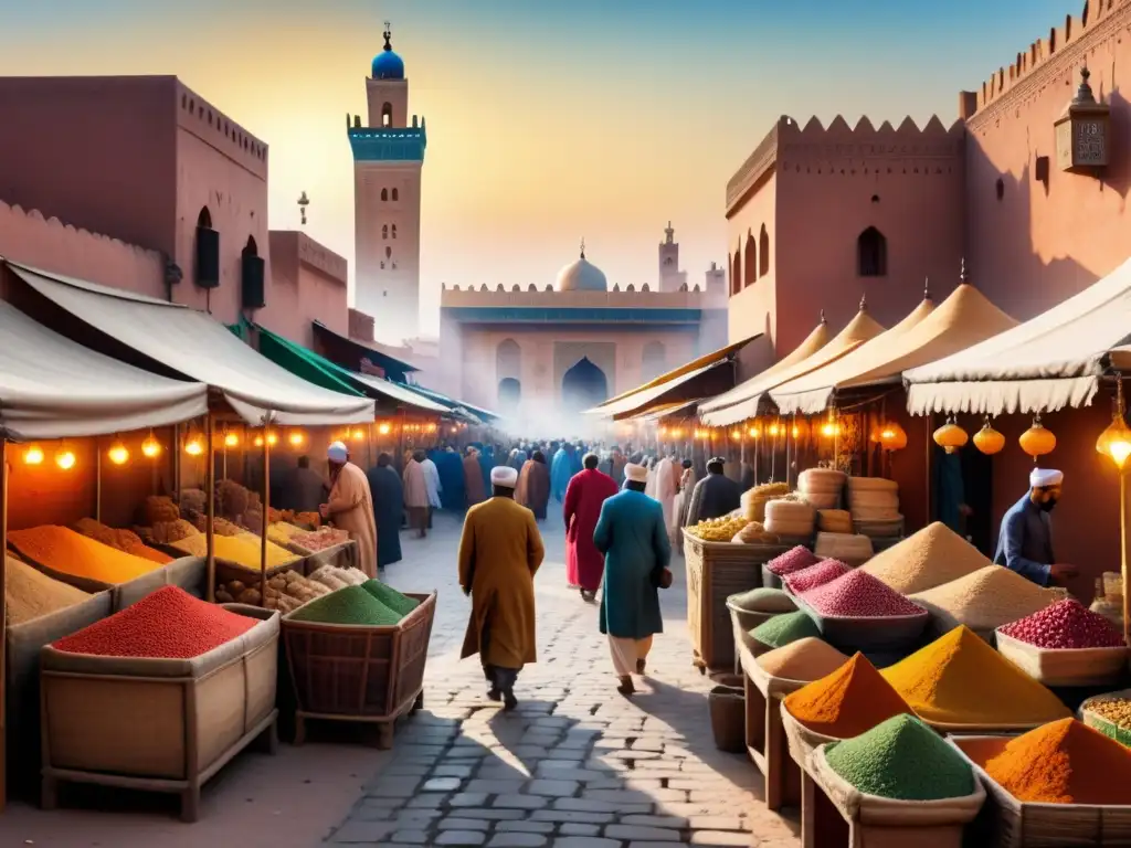 Fotografía de viajes cultural: Ilustración acuarela detallada de un bullicioso mercado en Marrakech, Marruecos