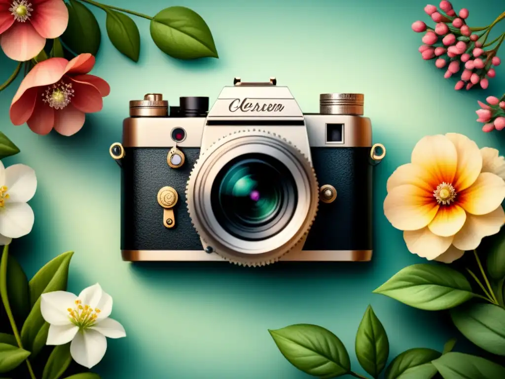 Detallada ilustración acuarela de una cámara vintage rodeada de flores, evocando la nostalgia y belleza de la fotografía analógica