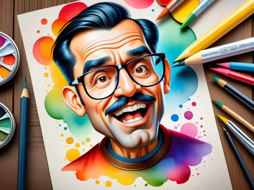 Detallada ilustración acuarela de creación de caricatura, destacando técnicas de caricatura en arte con lápiz y acuarelas vibrantes en mesa de madera