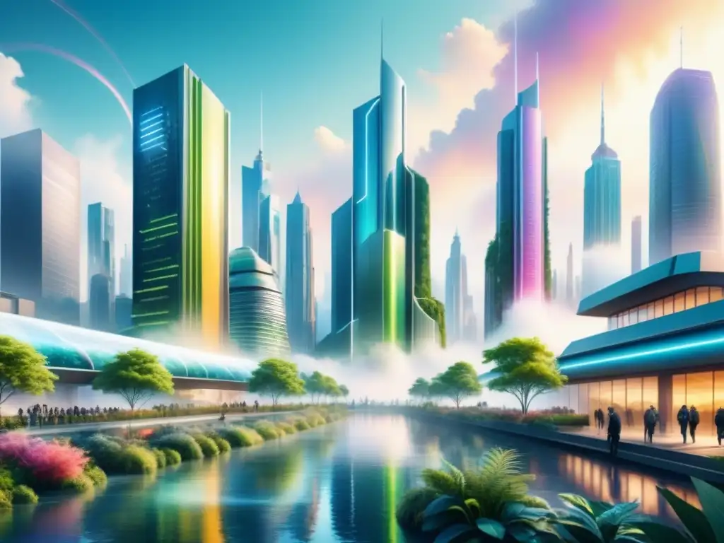 Ilustración detallada de una ciudad futurista con ondas de sonido vibrantes en armonía con la naturaleza y la tecnología sostenible