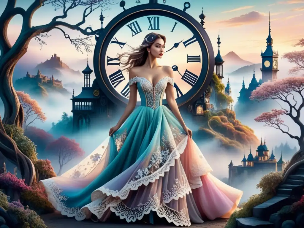 Vestido surrealista de engranajes y encaje en acuarela Ilustración detallada de un diseño de moda surrealista contemporáneo con un vestido de engranajes y encaje, paisaje onírico y relojes derretidos