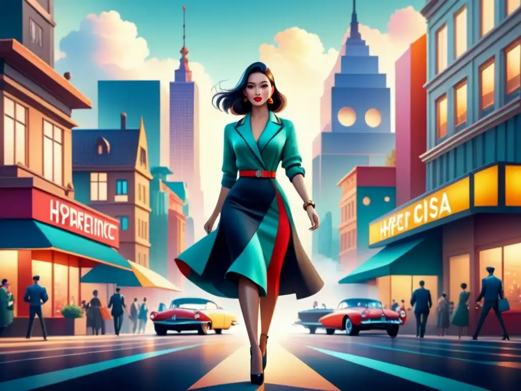 Una ilustración acuarela detallada mostrando una fusión hipnótica de elementos arquitectónicos modernistas y personajes animados bailando en una ciudad vibrante