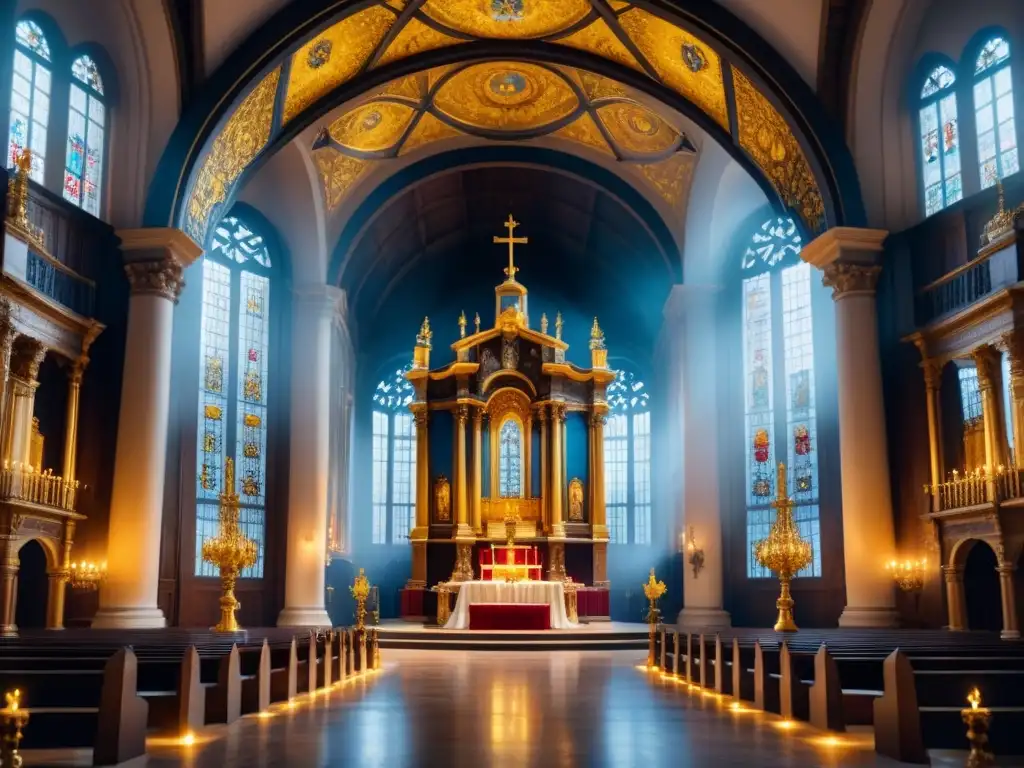 Detallada ilustración acuarela de interior iglesia barroca, con iconografía religiosa, opulencia y luz dramática