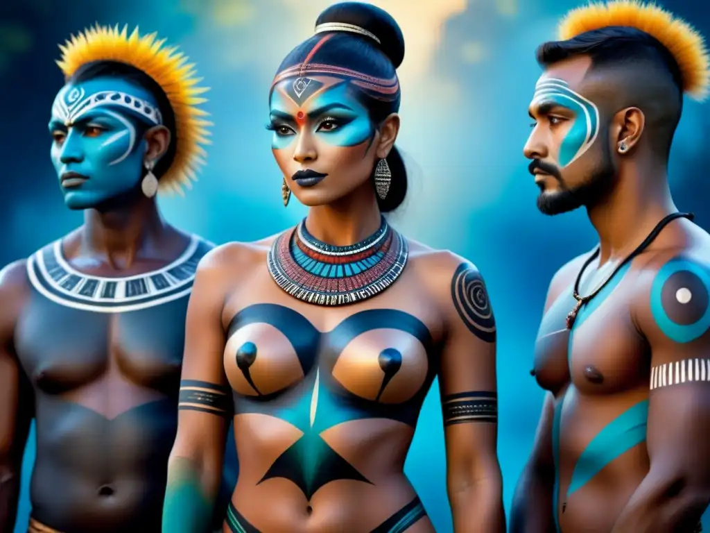 Una representación detallada de individuos tribales antiguos con diseños de pintura corporal, resaltando la historia del body painting artístico