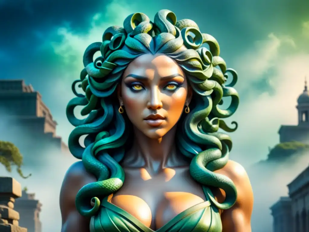 Ilustración acuarela detallada de la mítica Medusa, su cabello de serpientes y mirada petrificante