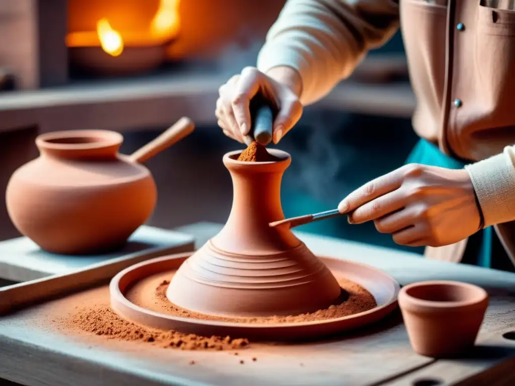 Detallada ilustración acuarela de la creación paso a paso de una figura de terracota, resaltando el proceso artístico