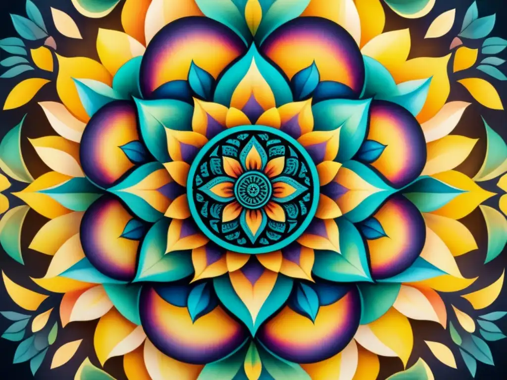 Detallada mandala acuarela con patrones matemáticos en el arte, colores vibrantes y detalles intrincados