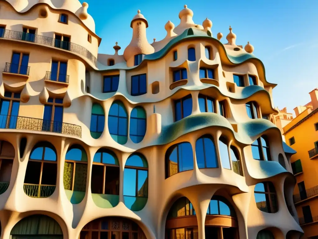 Ilustración acuarela detallada de La Pedrera de Gaudí, resaltando técnicas iluminación arquitectura modernista en tonos cálidos al atardecer