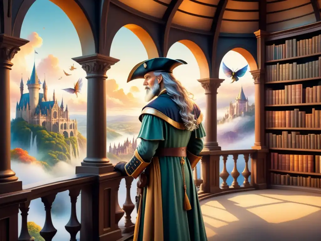 Una ilustración acuarela detallada en 8k con personajes literarios icónicos en un majestuoso balcón de biblioteca