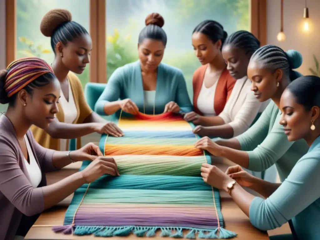 Una ilustración acuarela detallada muestra a personas en terapia grupal de arte textil tejiendo una colorida tapicería comunitaria