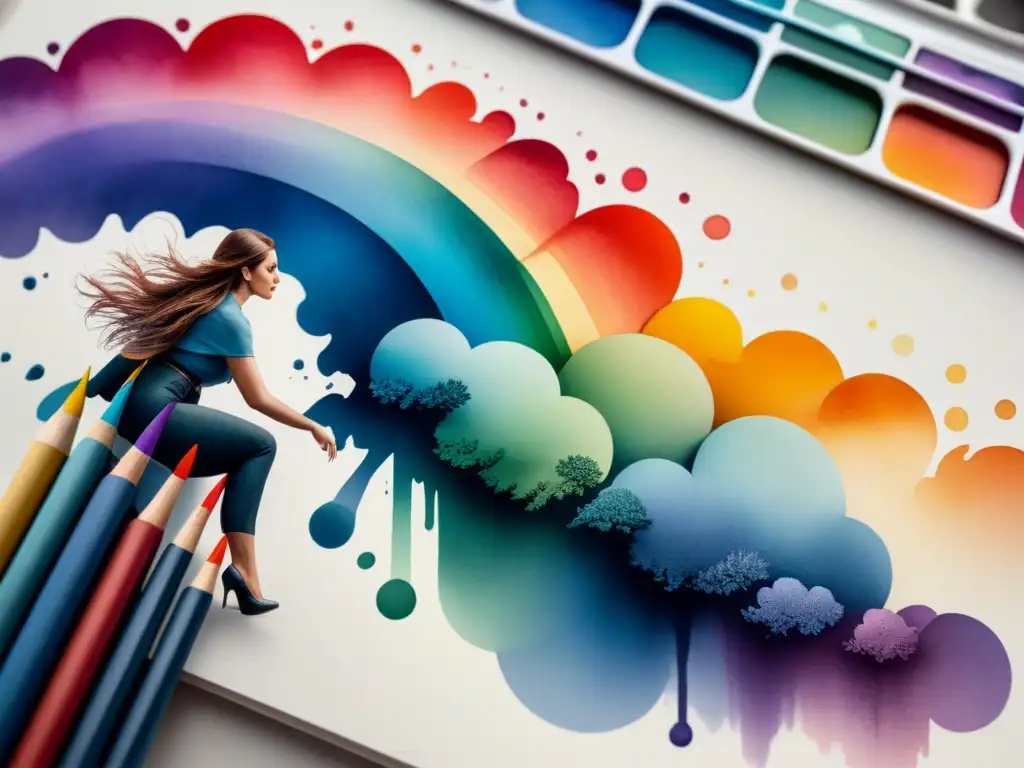 Arcoíris cromático: ilustración acuarela de colores en transición Ilustración detallada con pigmentos termocromáticos y fotochromáticos, muestra transición de arcoíris a escala de grises