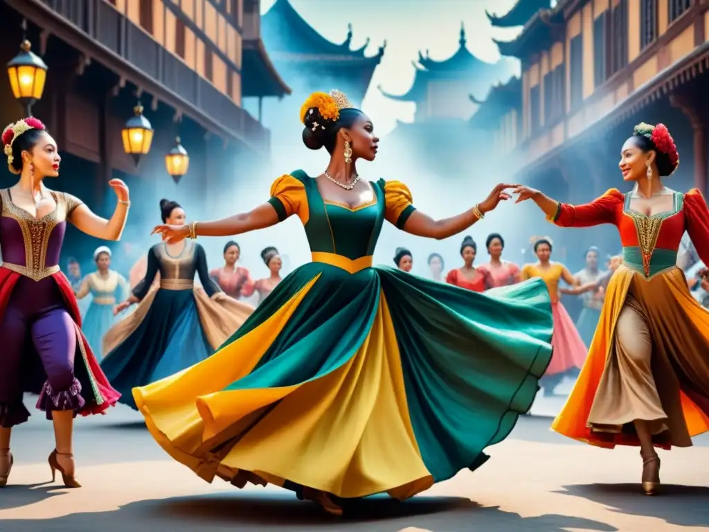 Una detallada pintura acuarela de artistas de diversas culturas y épocas en varias formas de arte performático