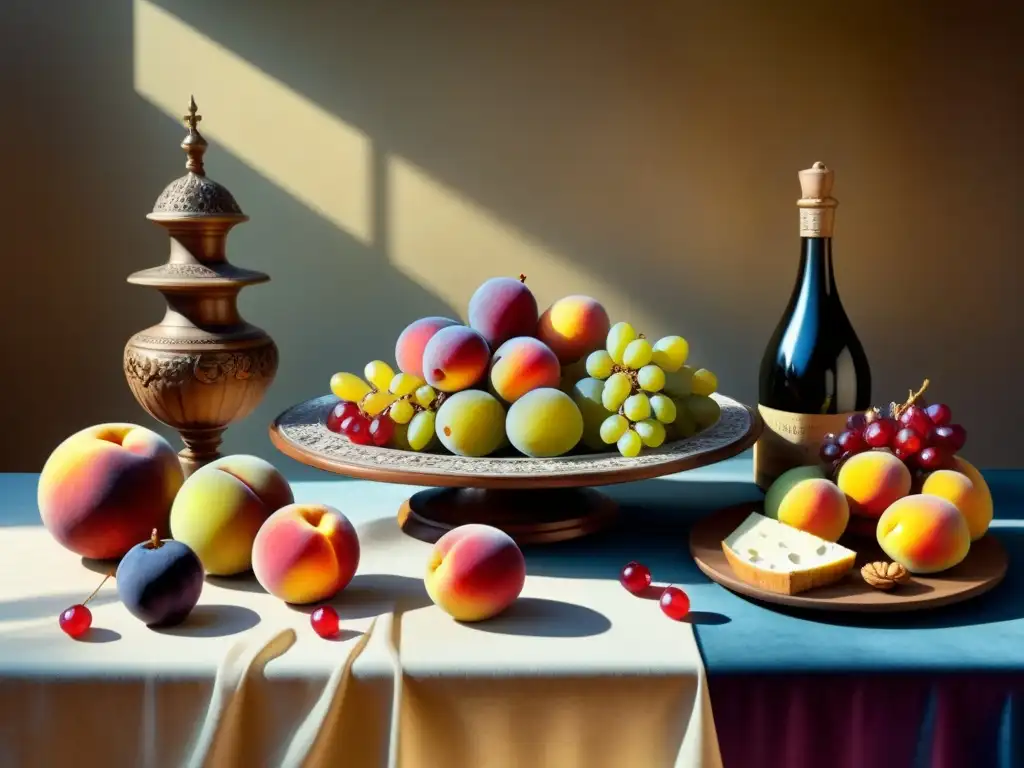 Detallada pintura acuarela de un bodegón barroco con frutas, quesos y pan