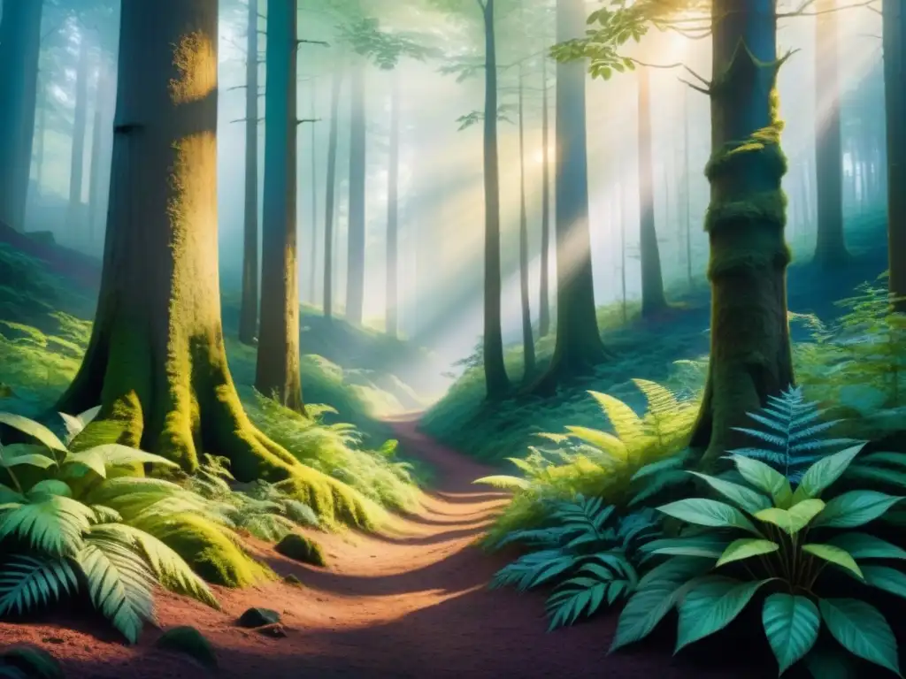 Detallada pintura acuarela de un bosque exuberante al atardecer, con contrastes de luz y sombras que evocan romanticismo