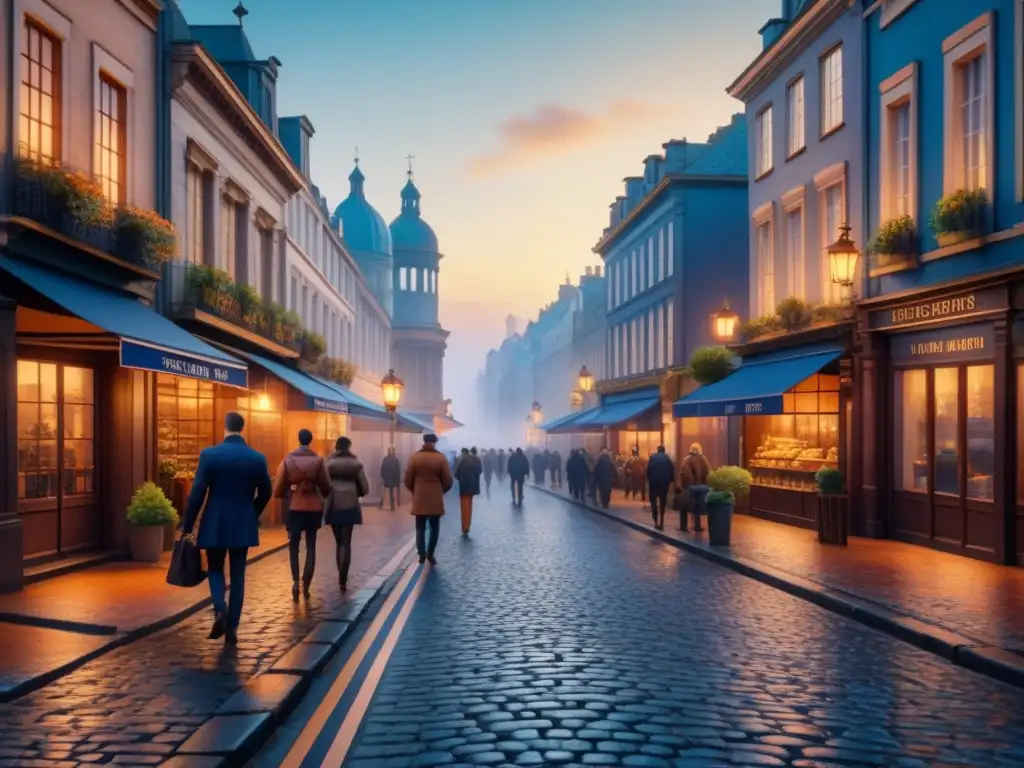 Una detallada pintura acuarela de una bulliciosa calle urbana al atardecer, con arquitectura detallada, personas diversas y cálida iluminación