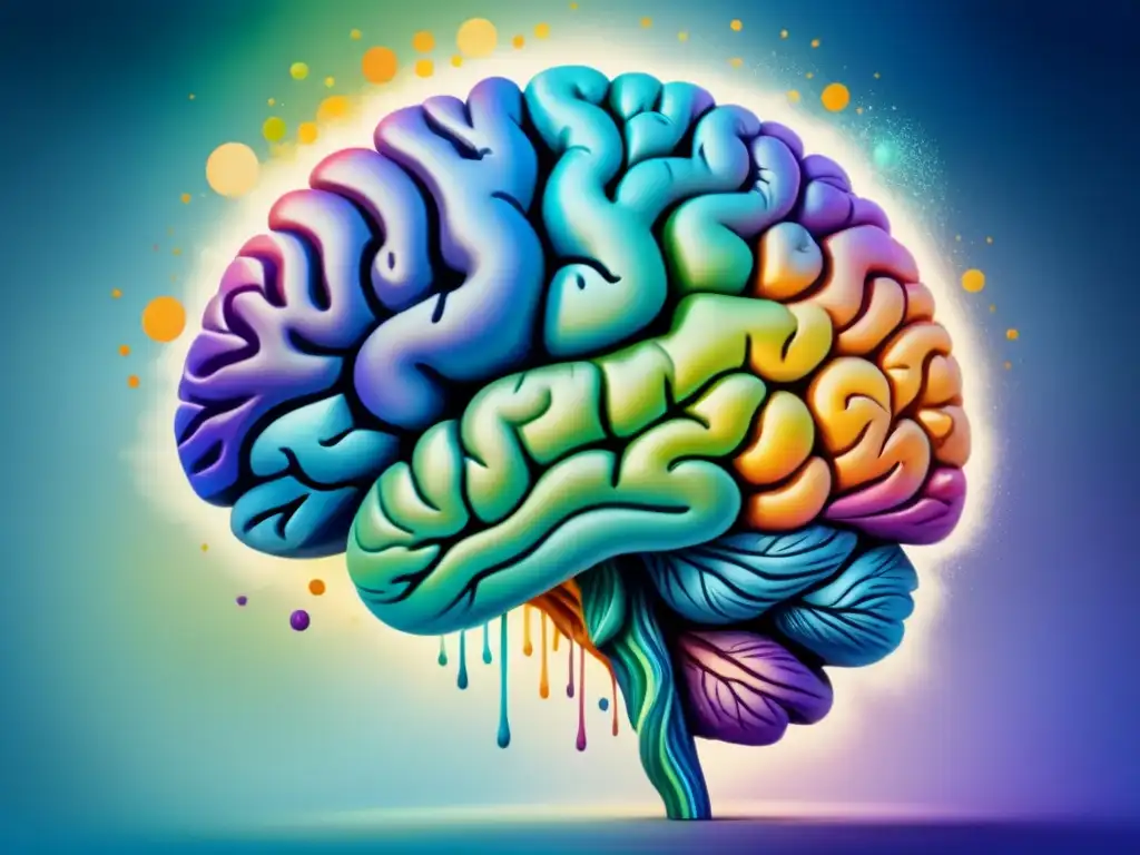 Detallada pintura acuarela del cerebro humano, con emociones y actividad neural en colores vibrantes, representando los efectos del arte en cerebro