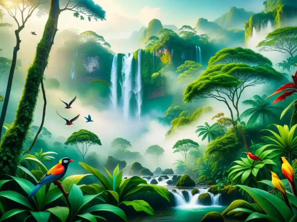 Una detallada pintura acuarela de una escena de selva exuberante, con flora y fauna vibrante