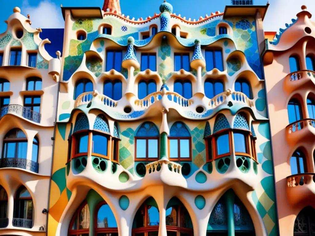 Detallada pintura acuarela de la fachada de Casa Batlló de Gaudí en Barcelona, fusionando formas orgánicas y elementos modernistas