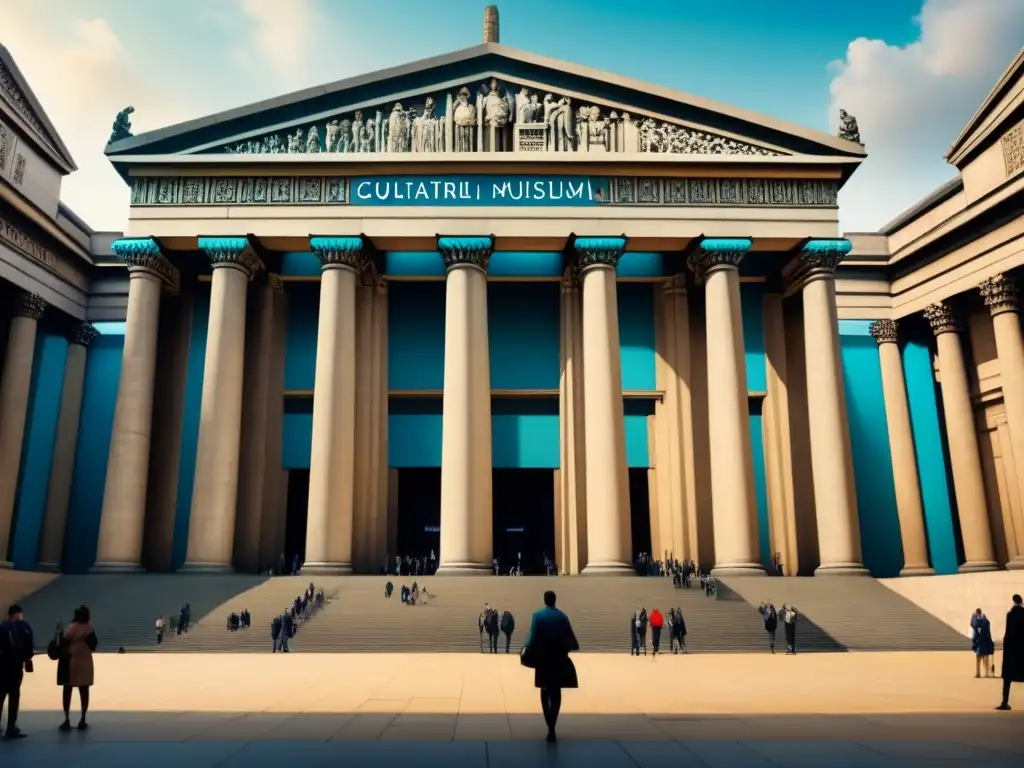 Una detallada pintura acuarela de la fachada del British Museum, con colores suaves que evocan historia y arte visual