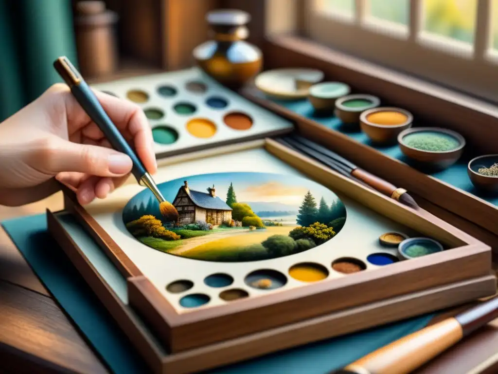 Detallada pintura acuarela de un taller de artista en miniatura, con pinceles, paletas y obras en progreso, reflejando precisión y arte en miniatura