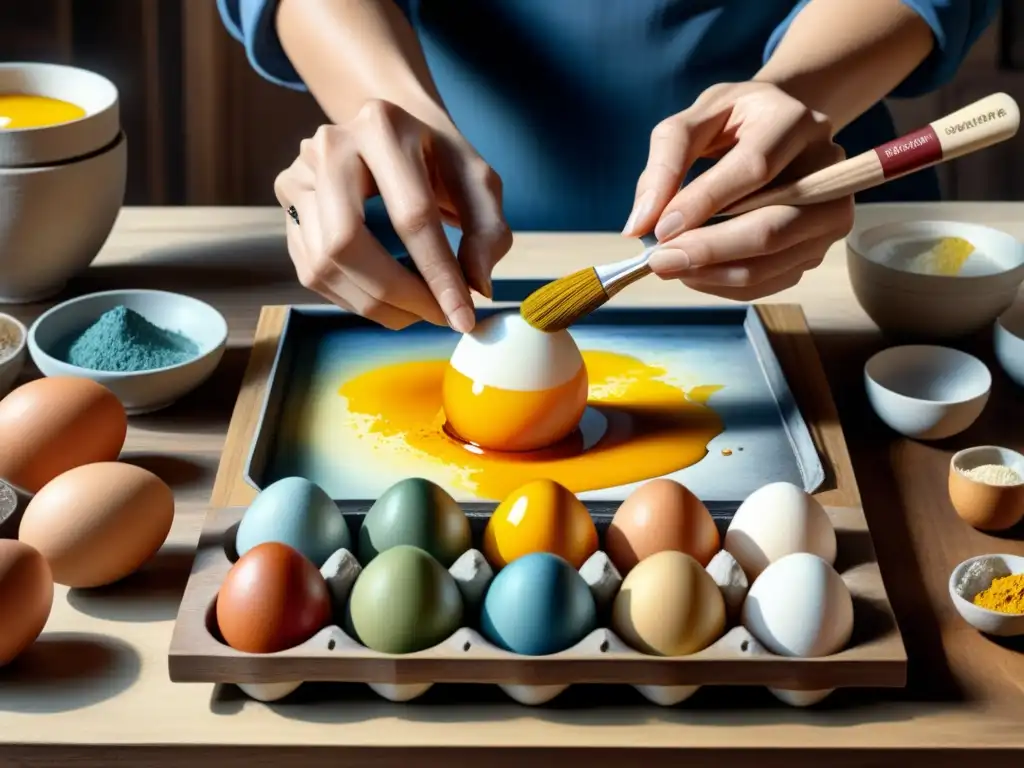 Detallada pintura en acuarela reviviendo técnica Egg Tempera con artista mezclando pigmentos con yema de huevo en paleta de madera