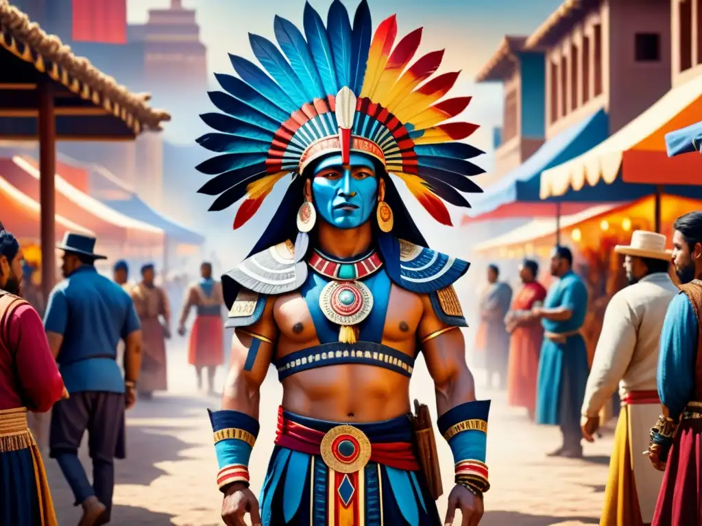 Detallada pintura acuarela de guerrero azteca en atuendo ceremonial, con patrones e símbolos vibrantes en tonos índigo, carmesí y dorado