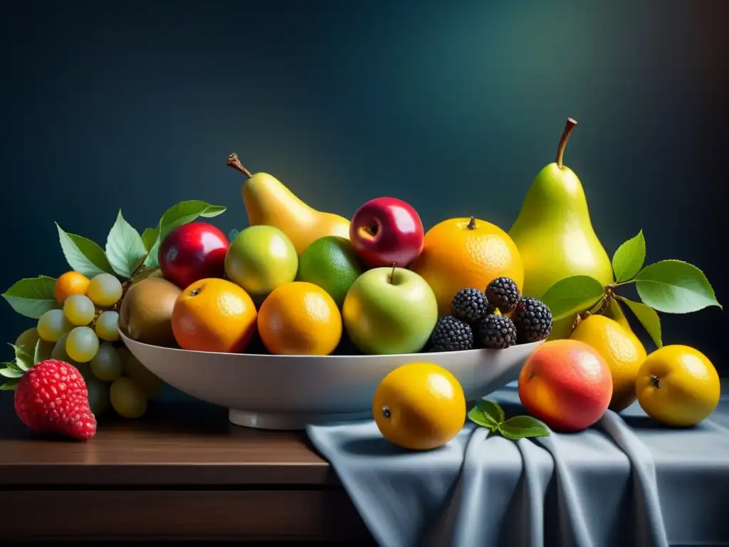 Detallada pintura al óleo de bodegón con efectos de luz y sombra en frutas vibrantes sobre fondo oscuro, destacando reflejos y brillos