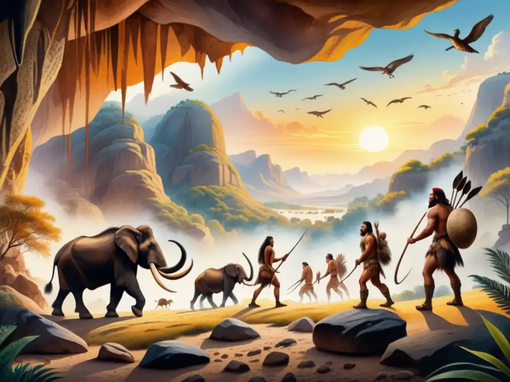 Una detallada ilustración acuarela de una pintura rupestre prehistórica, mostrando a cazadores antiguos rastreando mamuts en un paisaje prehistórico