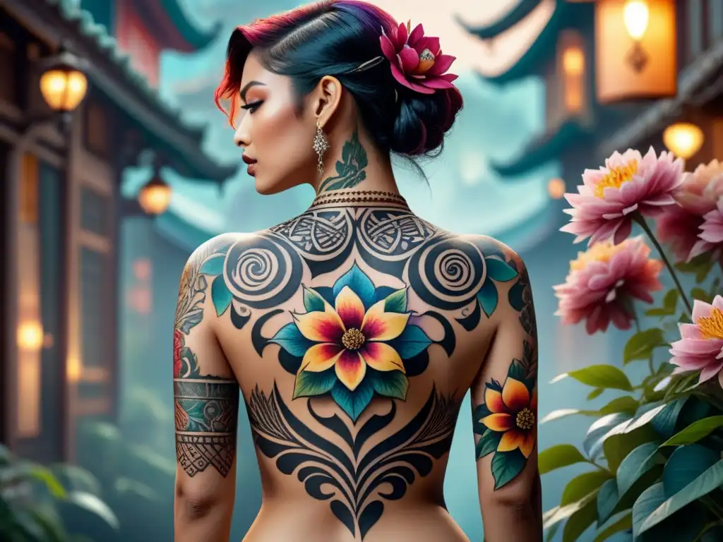 Ilustración detallada de un tatuaje colorido en la espalda, fusionando símbolos culturales con flores y patrones