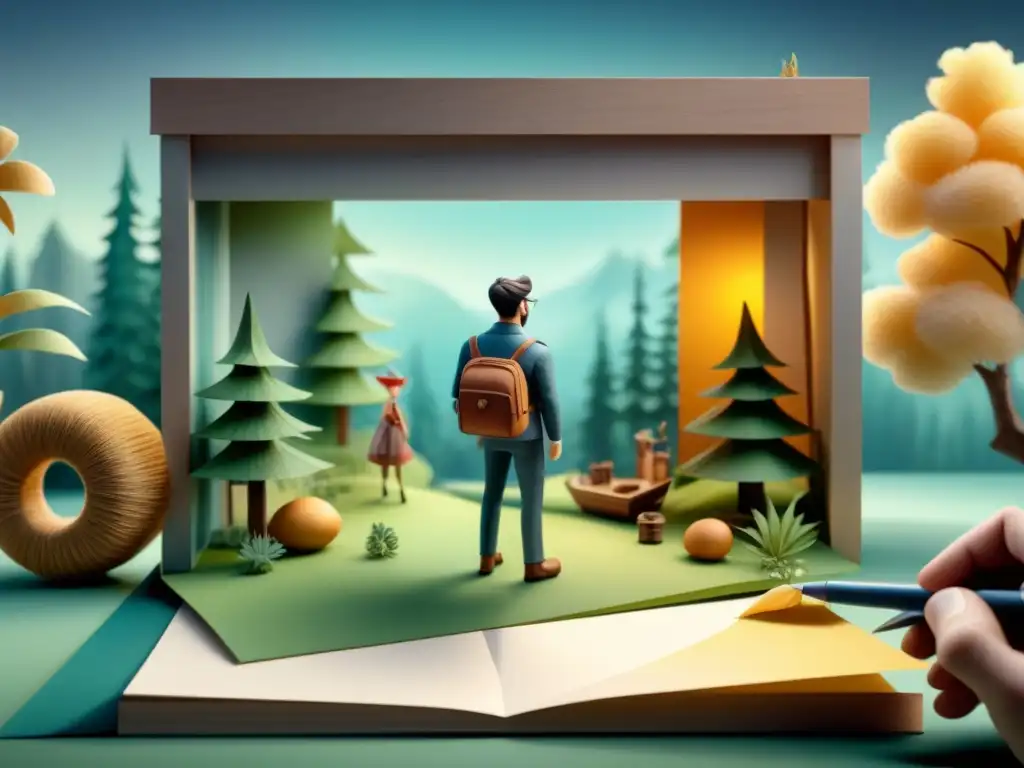 Guía detallada para crear animación CutOut con acuarela Detallada ilustración acuarela de la técnica animación CutOut paso a paso, mostrando personajes de papel en stop motion