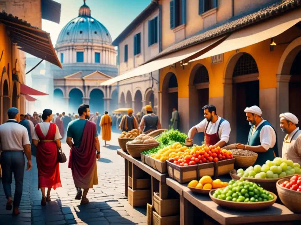 Detallada representación de la vida diaria en el arte romano en un bullicioso mercado de la antigua Roma