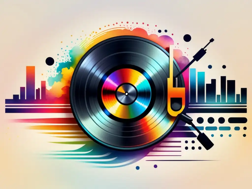 Ilustración detallada de vinilo vintage y tecnología musical, fusionando lo analógico y digital