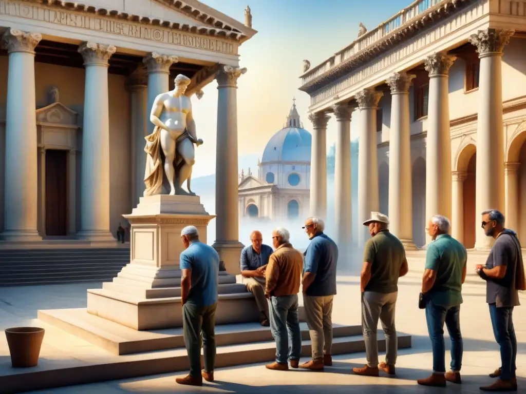 Un detallado acuarela de escultores italianos discutiendo técnicas en un patio soleado, rodeados de herramientas y una estatua de mármol