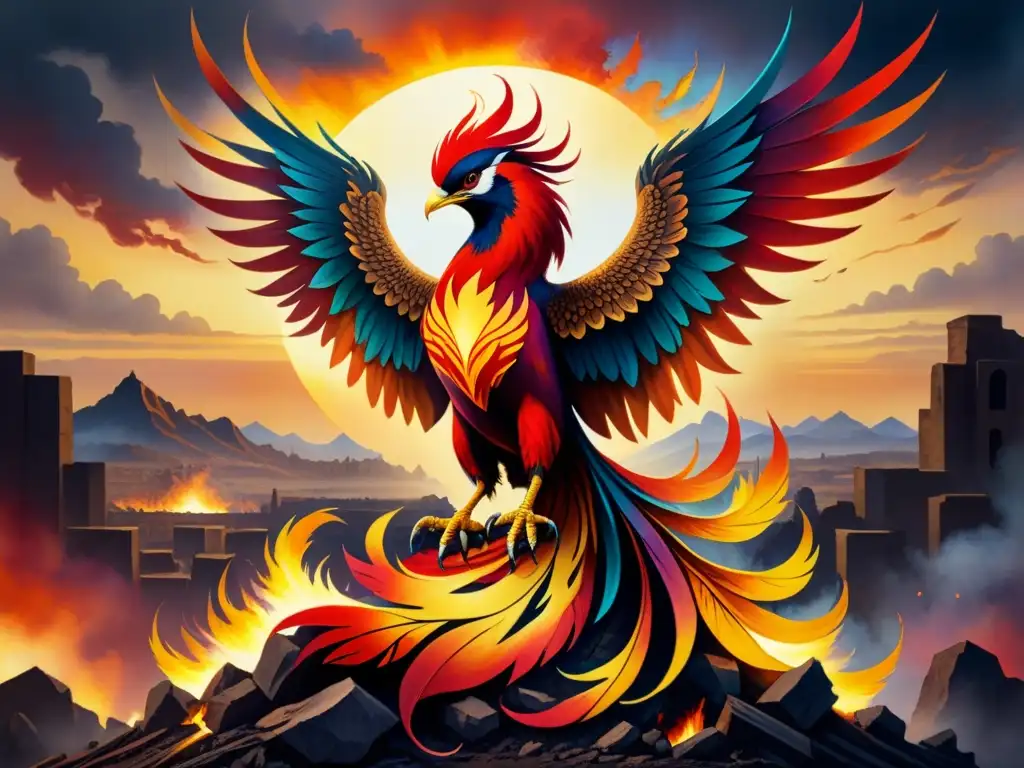 Un detallado acuarela muestra un fénix vibrante emergiendo de las cenizas de la guerra, simbolizando el Renacimiento artístico post guerras
