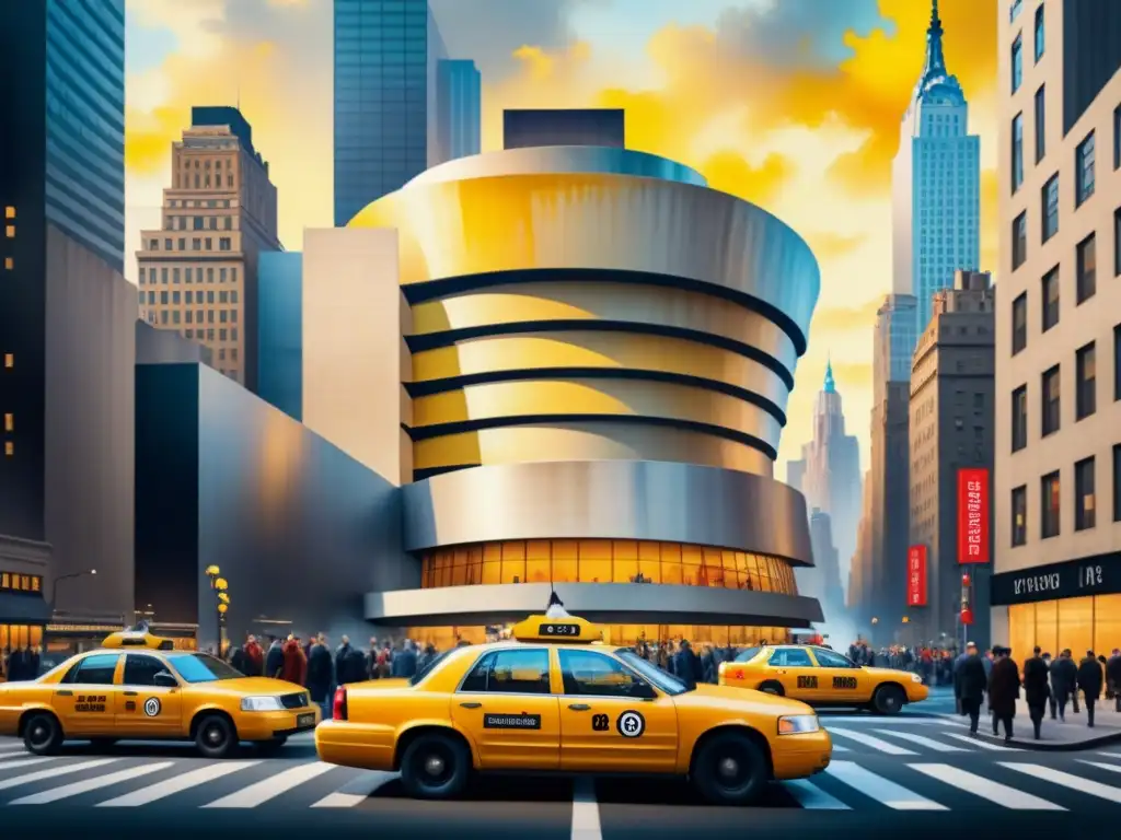 Un detallado acuarela en 8k del icónico Museo Guggenheim en Nueva York, con la arquitectura en espiral, taxis amarillos y peatones