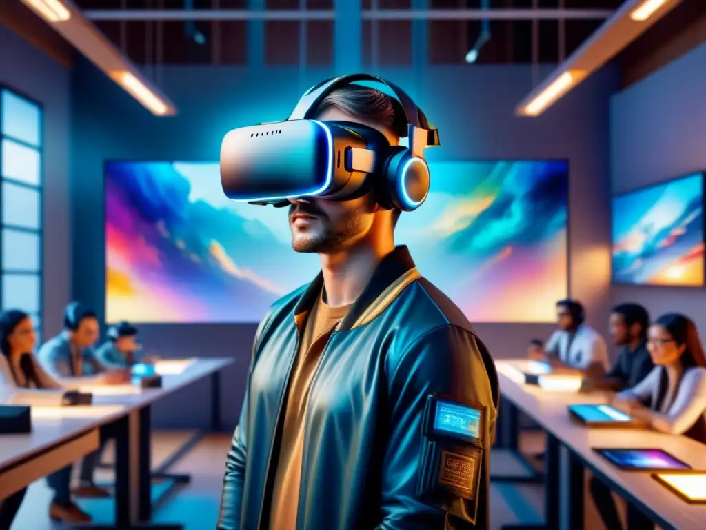 Un detallado cuadro acuarela de auriculares de realidad virtual, estudiantes creando arte digital en un aula futurista