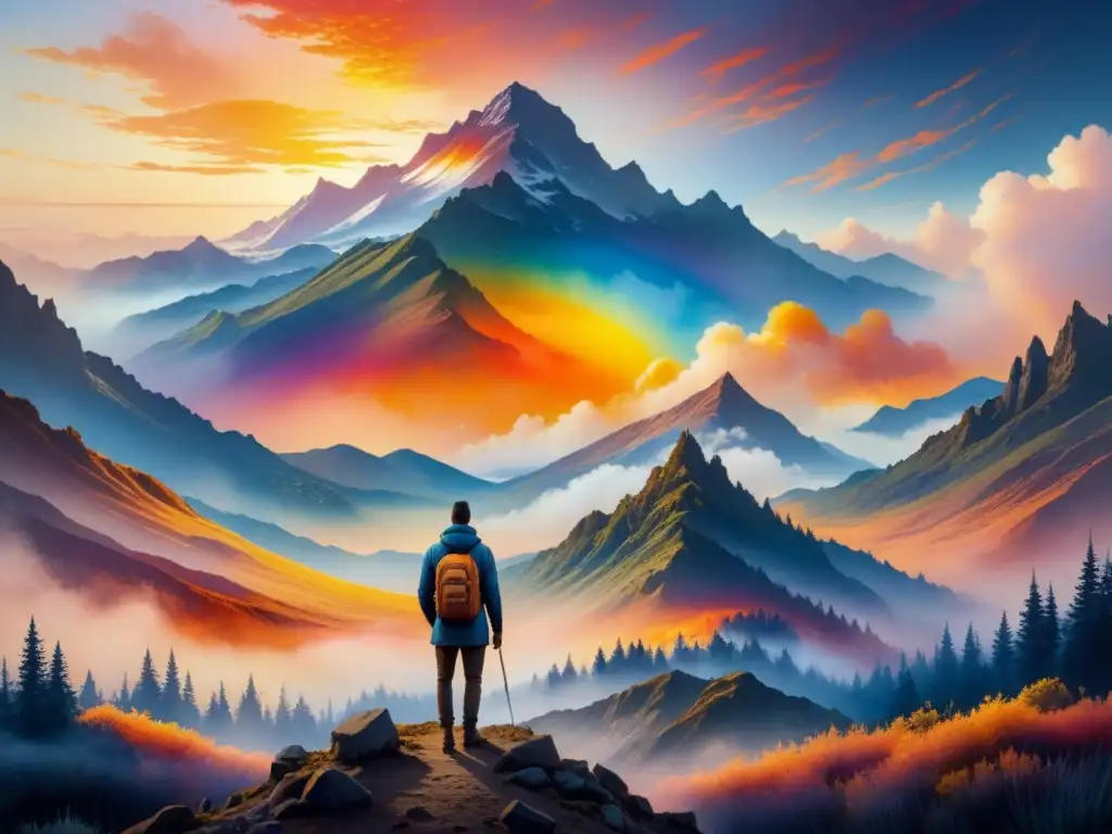 Cuadro acuarela: paisaje mágico de colores vibrantes Detallado cuadro de acuarela con pigmentos termocromáticos y fotochromáticos en paisaje mágico de arcoíris