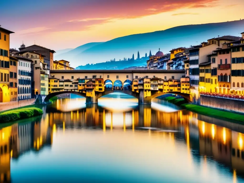 Un detallado cuadro en acuarela del Puente Vecchio en Florencia, reflejando su historia y belleza en un viaje renacentista en Florencia