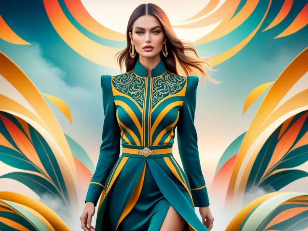Detallado diseño de moda textil inspirado en el Modernismo, con colores vibrantes y patrón elaborado