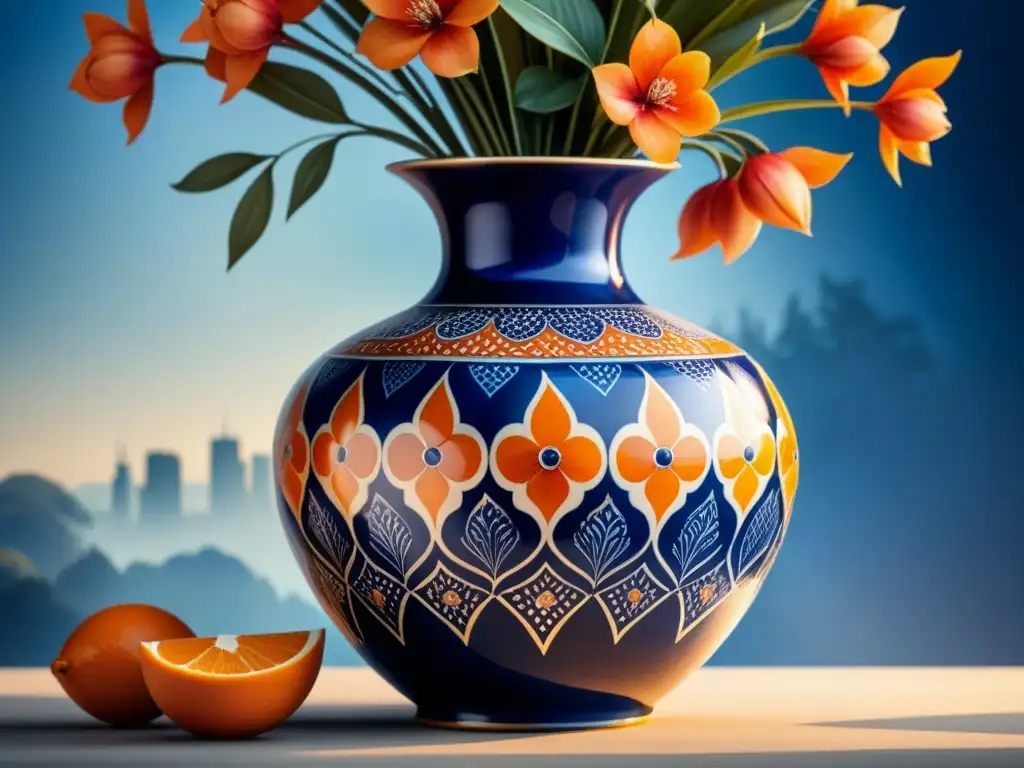 Vaso cerámico modernista: vibrante y detallado Detallado jarrón modernista de cerámica con patrones florales en azules, naranjas y detalles dorados