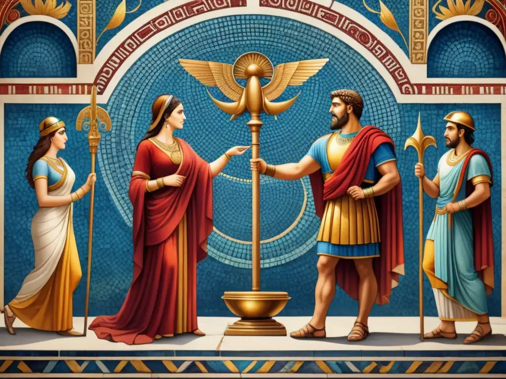 Detallado mosaico antiguo de la mitología romana en vibrantes colores, destacando la historia y arte de los mosaicos antiguos