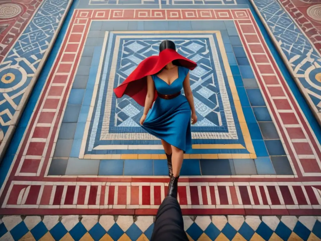 Detallado mosaico romano en acuarela con escenas de la vida diaria, en vibrantes tonos de rojo, azul y dorado
