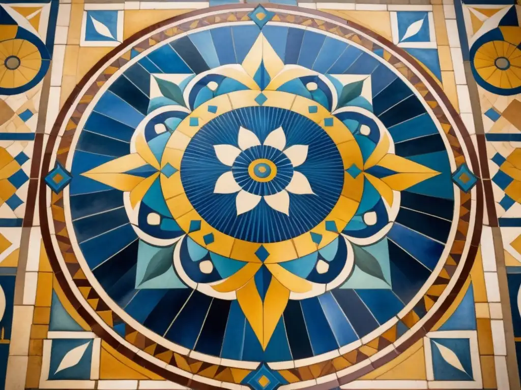 Detallado mosaico romano con figuras mitológicas y patrones geométricos, evocando historia y arte en ricos tonos terrosos y azules