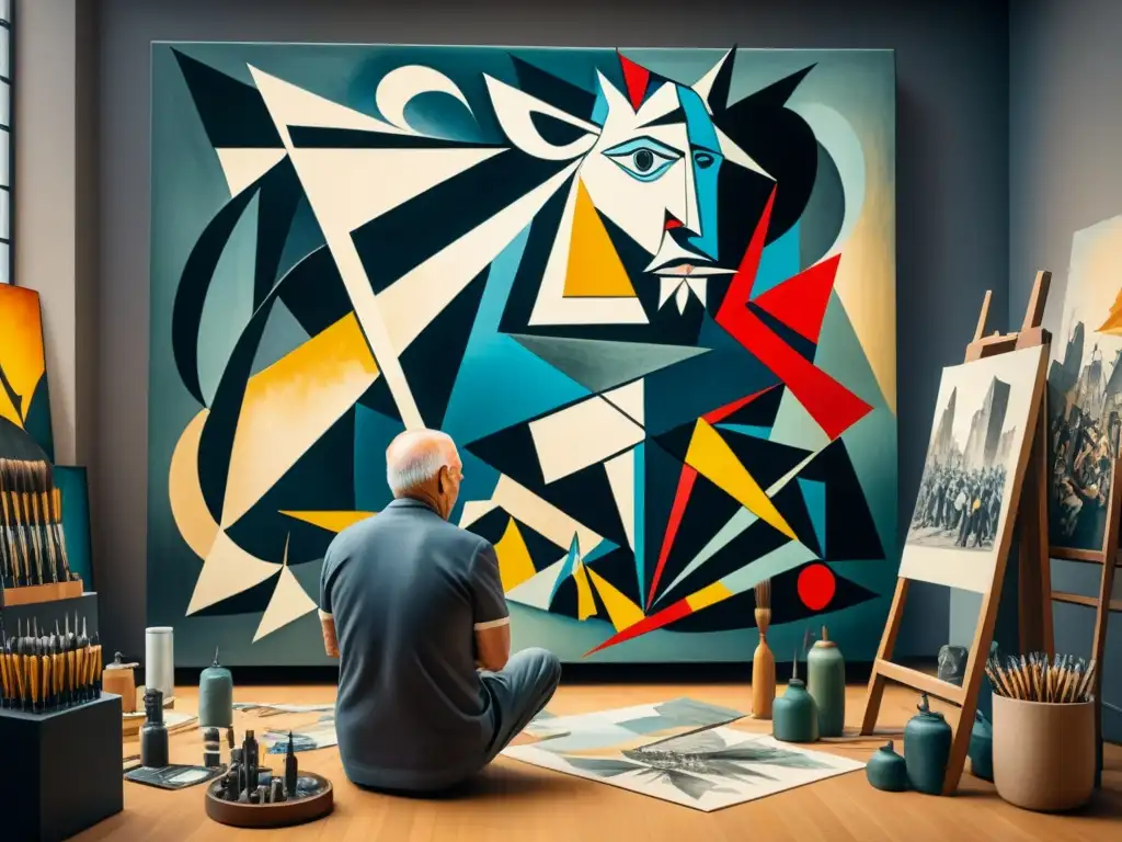 Pablo Picasso detallado creando su obra maestra 'Guernica', rodeado de caos artístico y pasión, capturando su intensa emoción