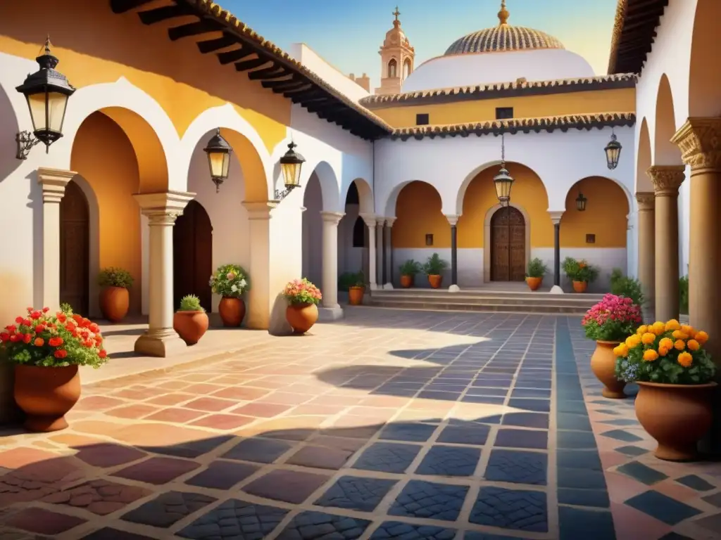 Un detallado patio barroco español con flores vibrantes, azulejos moriscos y arquitectura ornamental