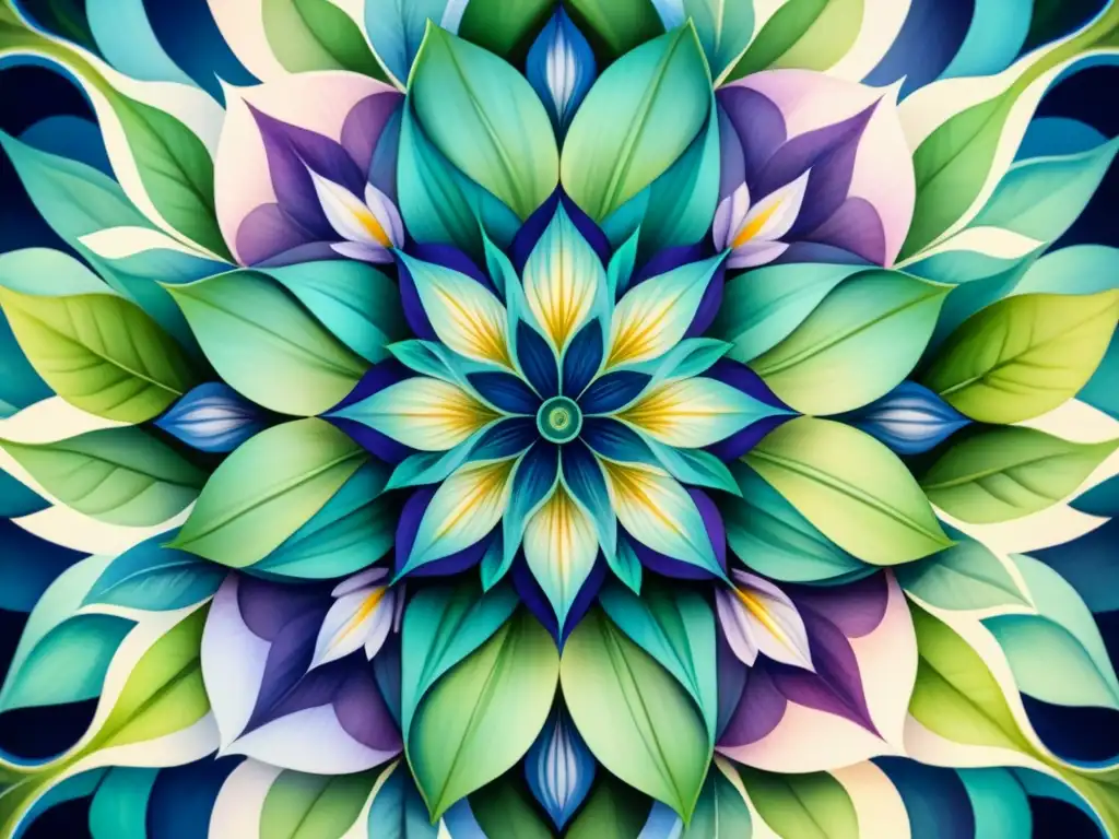 Detallado mandala acuarela en tonos azul, verde y morado con motivos florales y hojas