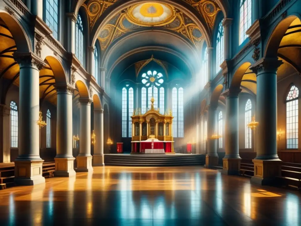 Detalle acuarela de iglesia barroca con dorados y vitrales, reflejando opulencia y grandiosidad, significado semiótico arte renacentista