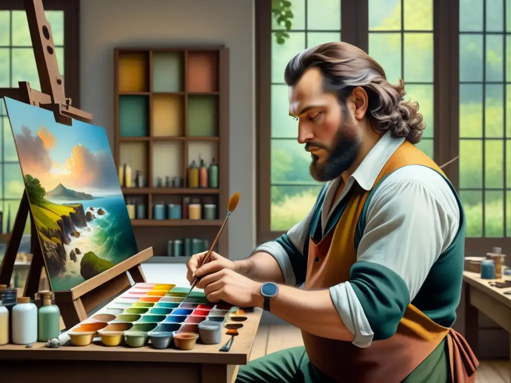 Detalle acuarela de Gustave Courbet en su estudio de arte, inmerso en su obra realista con paleta de colores vibrantes