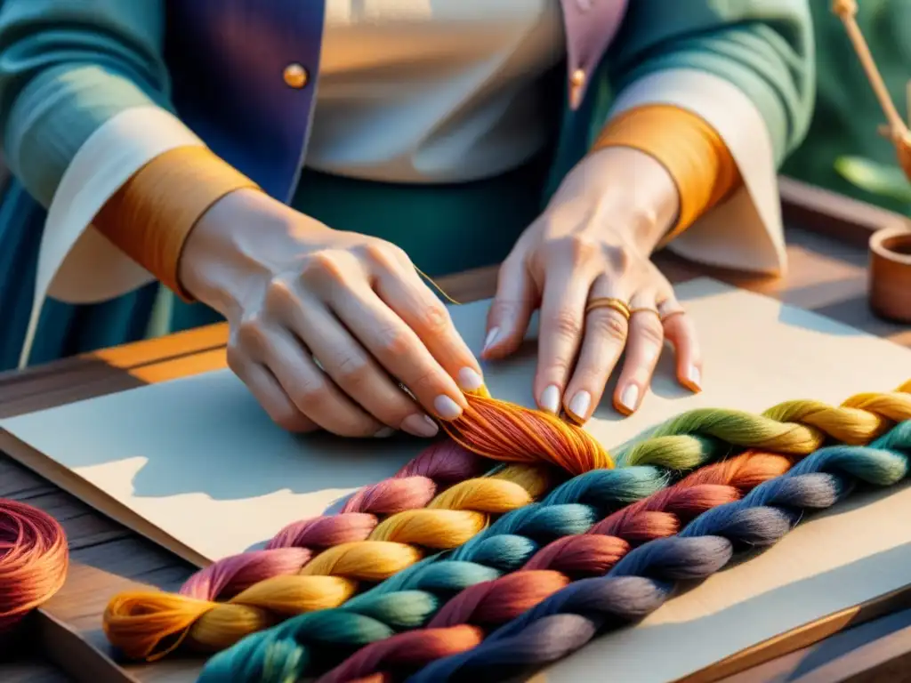 Detalle en acuarela de manos de artista entretejiendo hilos coloridos, exploración textura creación artística