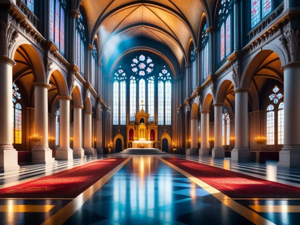 Detalle de catedral barroca en acuarela con tonos rojos, dorados e índigo